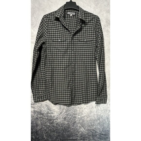 Express Men’s Checkered Black Gray Long Sleeve Button Up Shirt Size Med‎ Fitted - Picture 1 of 11